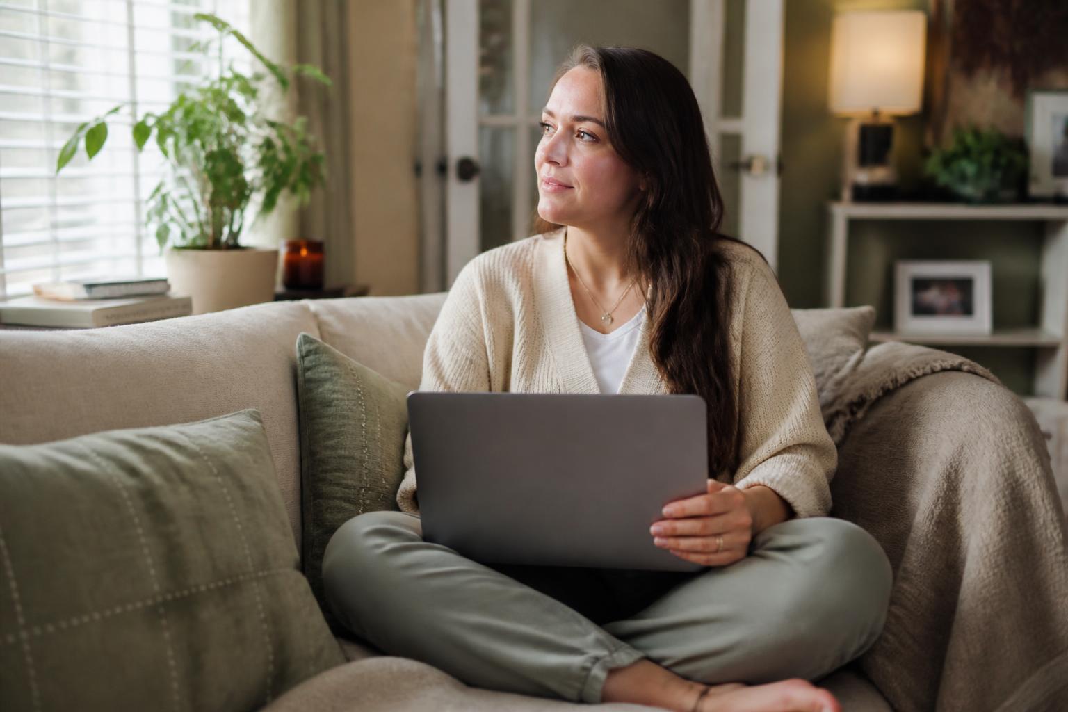 Woman attending a virtual IOP therapy session from home on a laptop
